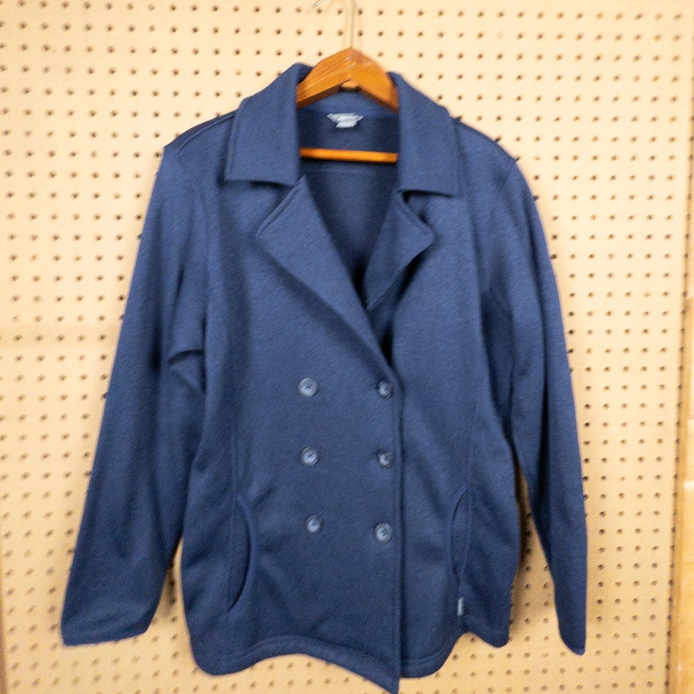 Eddie Bauer Womens Navy Blue Fleece Double Breasted Pea Coat Jacket Large‎